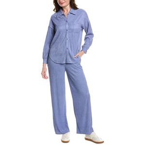 Marion Womens 2P Crinkled Plisse Button Shirt & Pant Set, Blue